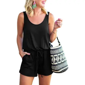 Womens Basic Summer Scoop Neck Sleeveless Tank Top Short Jumpsuit Rompers Fitted Casual Bohemian Style Tanktop 01-Black