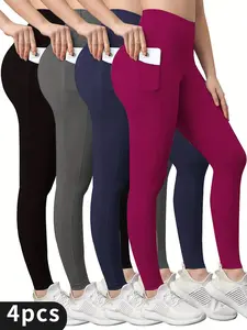 4pcs High Waist Yoga Leggings With Pocket For Women, Solid Color, Tight Fit, Women's Activewear