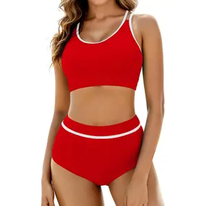 Women's High Waisted Cheeky Two Piece Bikini Set Color Block Sporty Bathing Suits High Cut Swimwear
