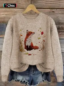 Women's Fox & Leaf Print Drop Shoulder Sweater, Casual Long Sleeve Round Neck Jumper for Fall & Winter, Fashion Ladies' Knitwear for Daily Wear, Tops