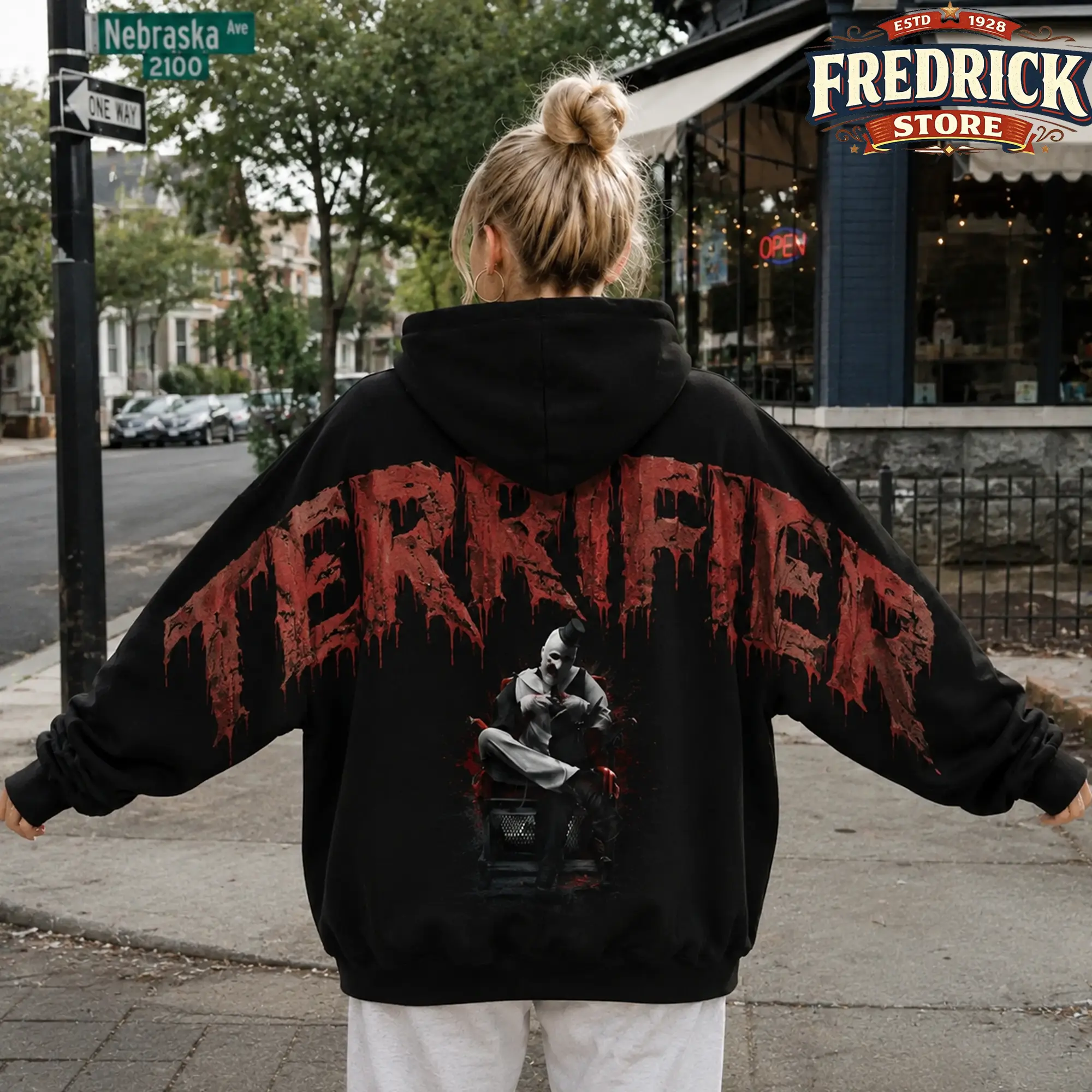 Vintage Scary Art the Clown Terrifier Movie Horror Shoulder-to-Shoulder Back Lettering Sweatshirt Hoodie, Scary Movie Graphic Pullover, Spooky Season, Gift for Him and Her, Vibes