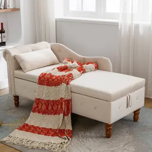 Beige Chaise Lounge Indoor,Velvet Lounge Chair for Bedroom with Storage & Pillow,Modern Upholstered Rolled Arm Chase Lounge for Sleeping with Nailhead Trim for Living Room Bedroom Office