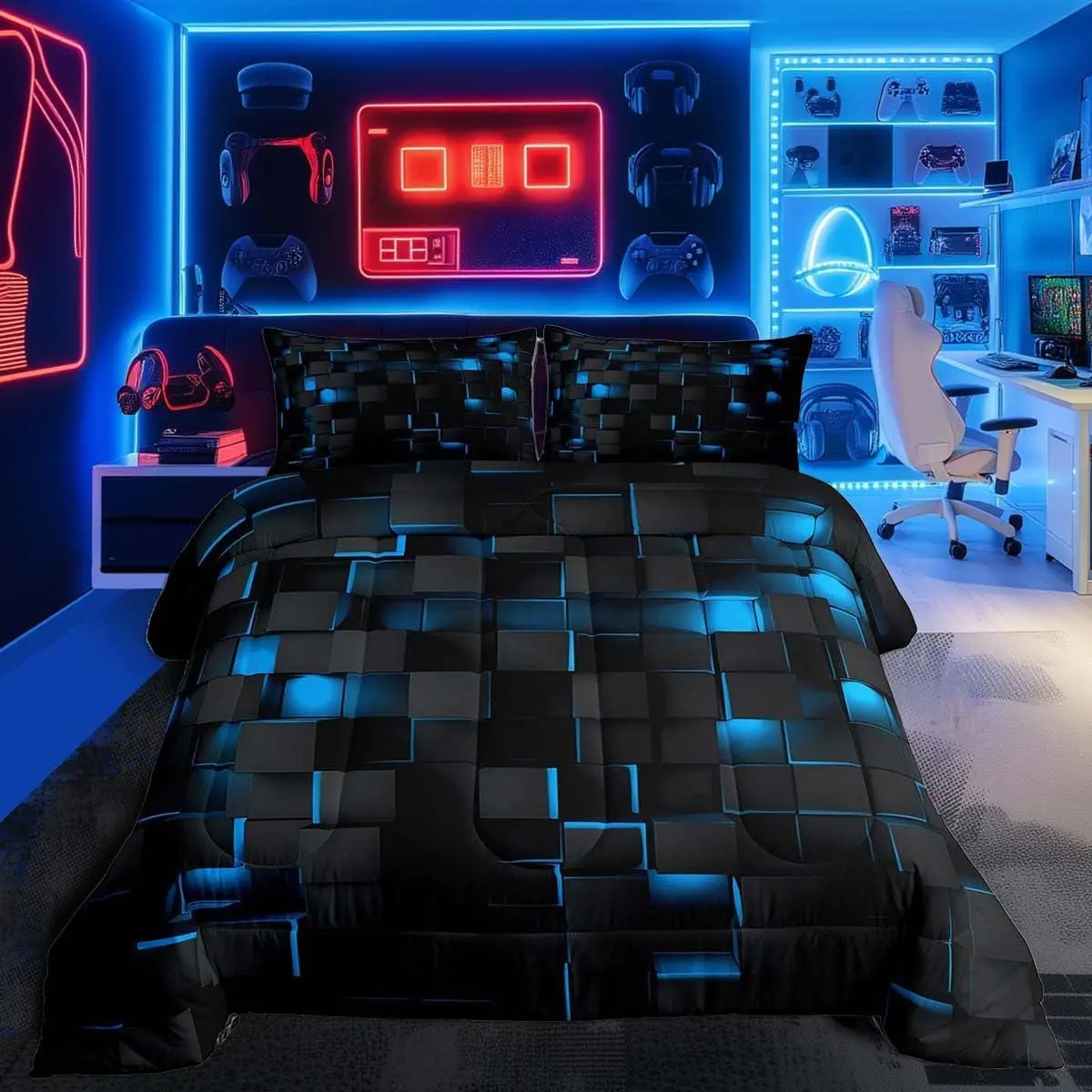 Blue and Black Bedding Set Light Geometric Comforter Set Comforter Room Decor Modern Duvet Set