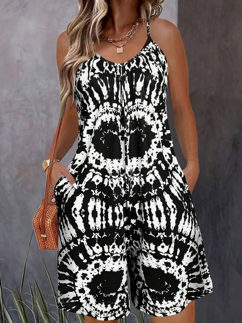 Geometric Print Suspender Jumpsuit, Sleeveless Summer Romper for Vacation Outfits