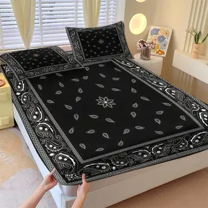Paisley Pattern Fitted Sheet Set & 2 Coreless Pillowcases, Black Base Color, White Paisley Cashmere Pattern with Geometric Border, Soft Wrinkle-Resistant Bedding, Western Retro Style Bedroom Decor Gift Choice