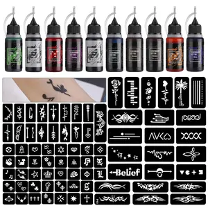 Temporary Tattoo Kit 10 Bottles Color Inks, 84 Pcs Stencils Kit for Body Paint DIY Tattoos Temp, 8 Colors DIY Fake Tattoo for Women Kids