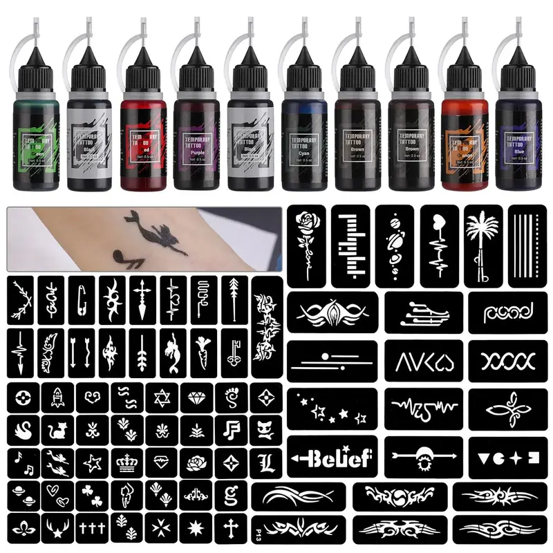 Temporary Tattoo Kit 10 Bottles Color Inks, 84 Pcs Stencils Kit for Body Paint DIY Tattoos Temp, 8 Colors DIY Fake Tattoo for Women Kids