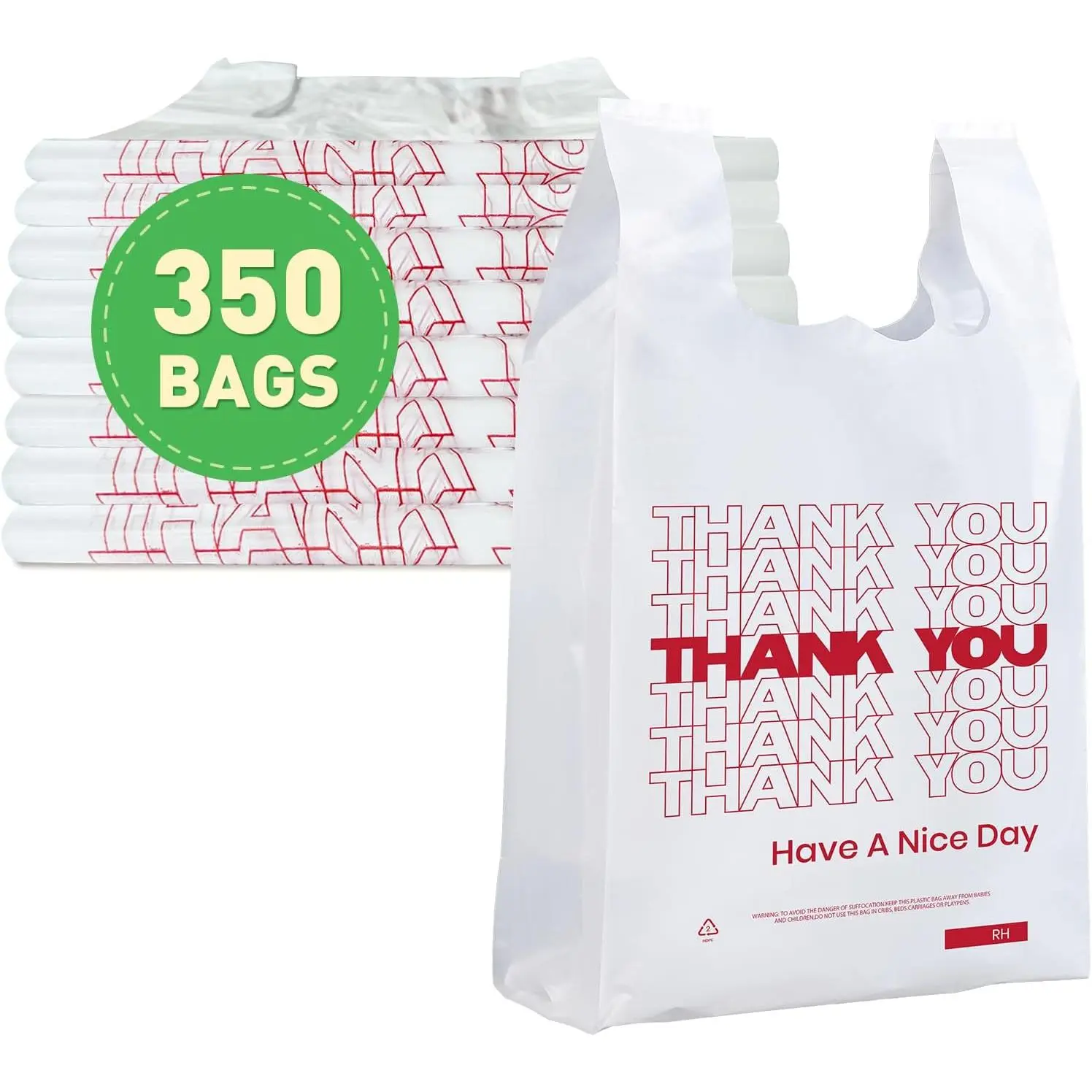 Thank You Plastic Bags, 350 Pcs – White Shopping Bags with Handles for Grocery Stores, Restaurants, Convenience Shops, and Retail Use