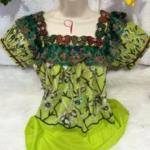 Blusa de Quiche with Soft Blonda Perlada Tul Fabric and Dacron Lining Embroidered Floral Design