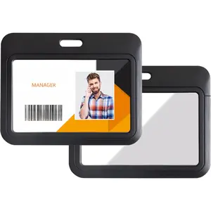 1 Pack Sliding Horizontal ID Badge Holder Hard Black Plastic Card Case Protector Pouch with Sided Clear Window for Office School ID Credit Cards and Proximity Key Cards