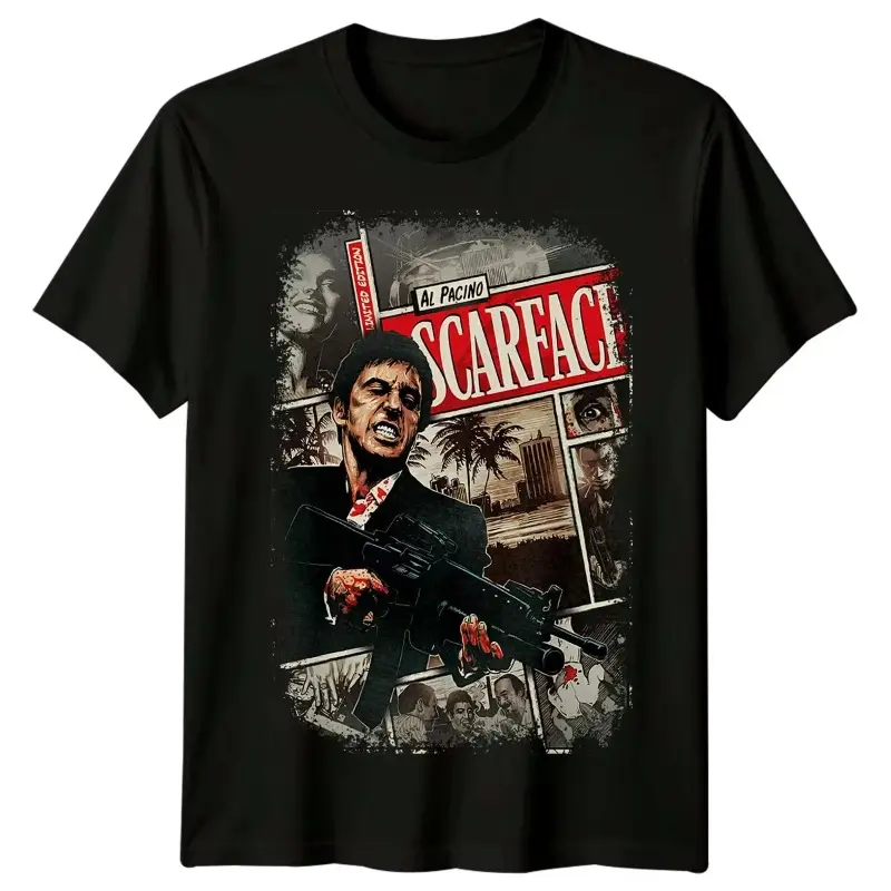 Men's Scarface Graphic Cotton T-Shirt - Classic Retro Round Neck Short-Sleeve Top with 80s Al Pacino Movie Print, Casual Streetwear Fashion Apparel, Cult Classic Style, Vibe, Tshirt