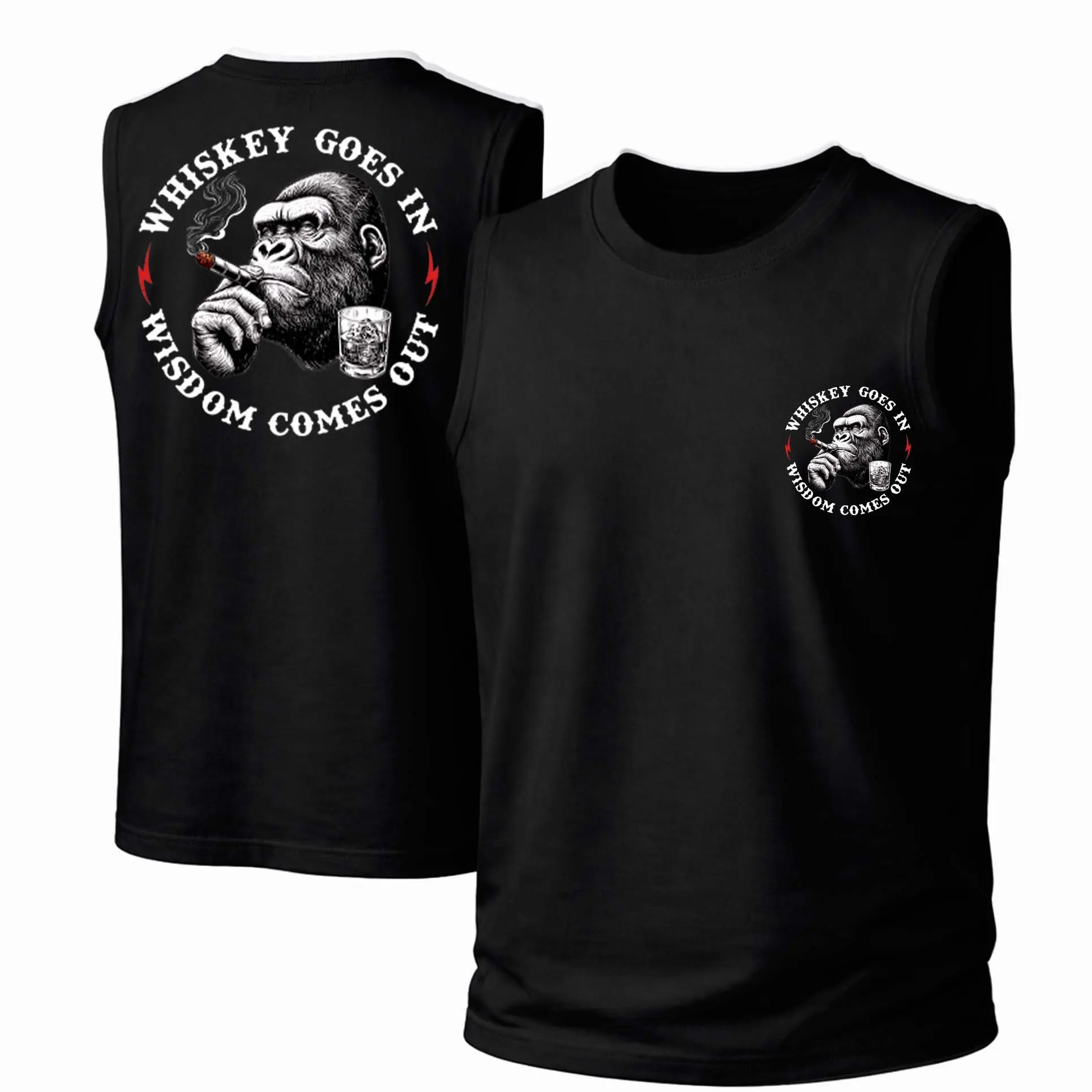 Men's Cotton Sleeveless Tank Top - Liquor Goes In Wisdom Comes Out Printed Style. This Is A Casual Item Suitable For Both Men And Women, Especially Perfect For Spring And Summer; The Cool Print And Classic Crew Neck Cut