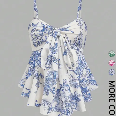 Women's Elegant Chic Casual Print Fitted Adjustable Spaghetti Strap Tops for Vacation, Commute and Daily Wear, Casual Sleeveless Top, Elegance