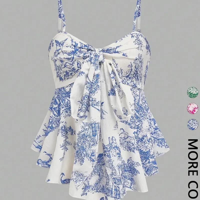 Women's Elegant Chic Casual Print Fitted Adjustable Spaghetti Strap Tops for Vacation, Commute and Daily Wear, Casual Sleeveless Top, Elegance