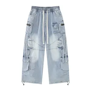Flooo Women's Loose Wide Leg Distressed Cargo Jeans - Light Wash Streetwear Joggers with Elastic Waistband, Drawstring & Multi Zipper Pockets, Casual Utility Denim Pants for Street Style