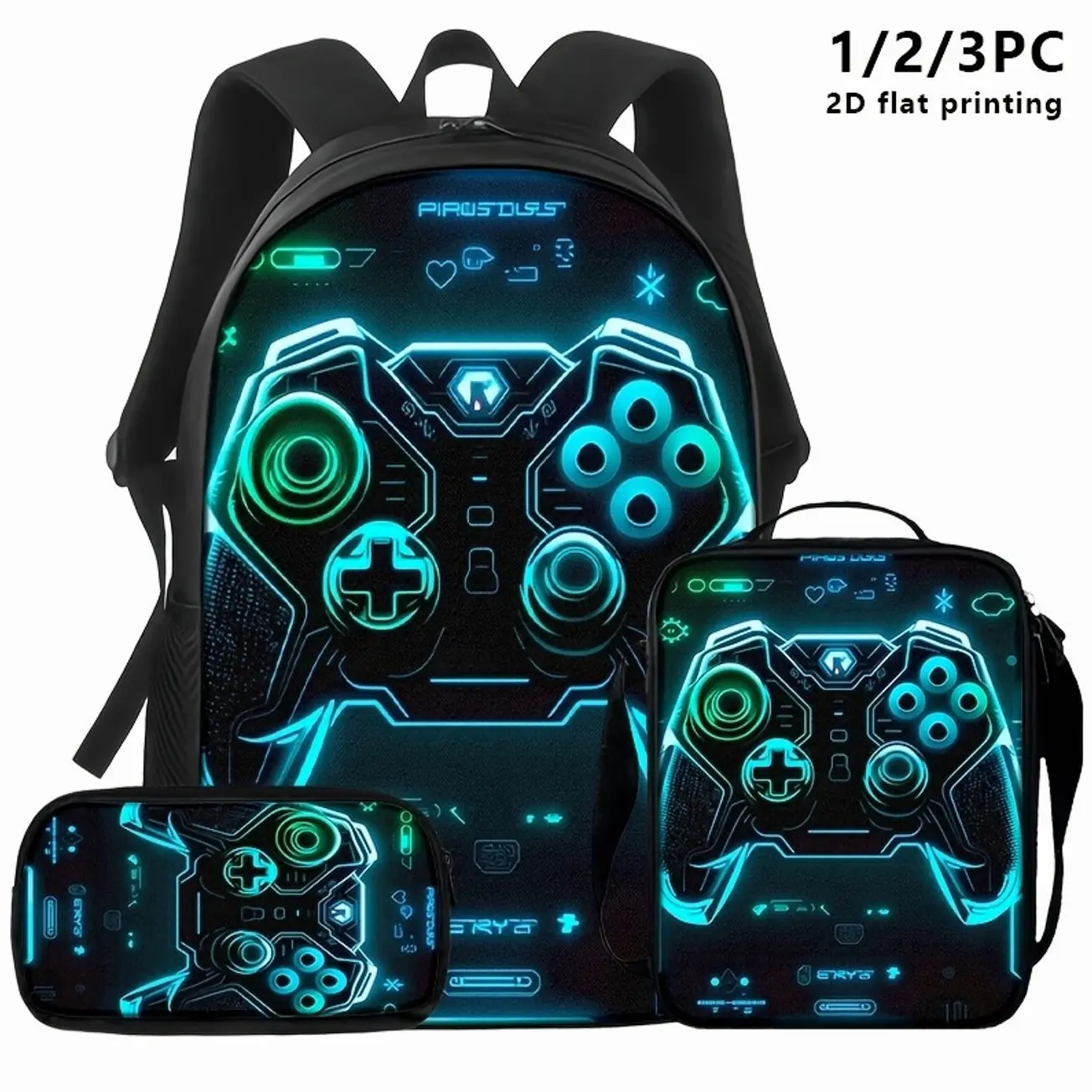 Gaming Backpack Set, 1/2/3 Piece Backpack with Pencil Case & Lunch Bag, Glowing Controller Print for Teens & Gamers