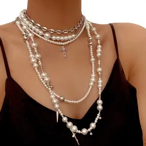 Vintage Cross Layered Necklace for Women, Niche Baroque Style Long Tassel Light Luxury Fashion Accessory,Mother's Day gifts, Dolly Day gifts earring Versatile Pendant name prom ring corsage