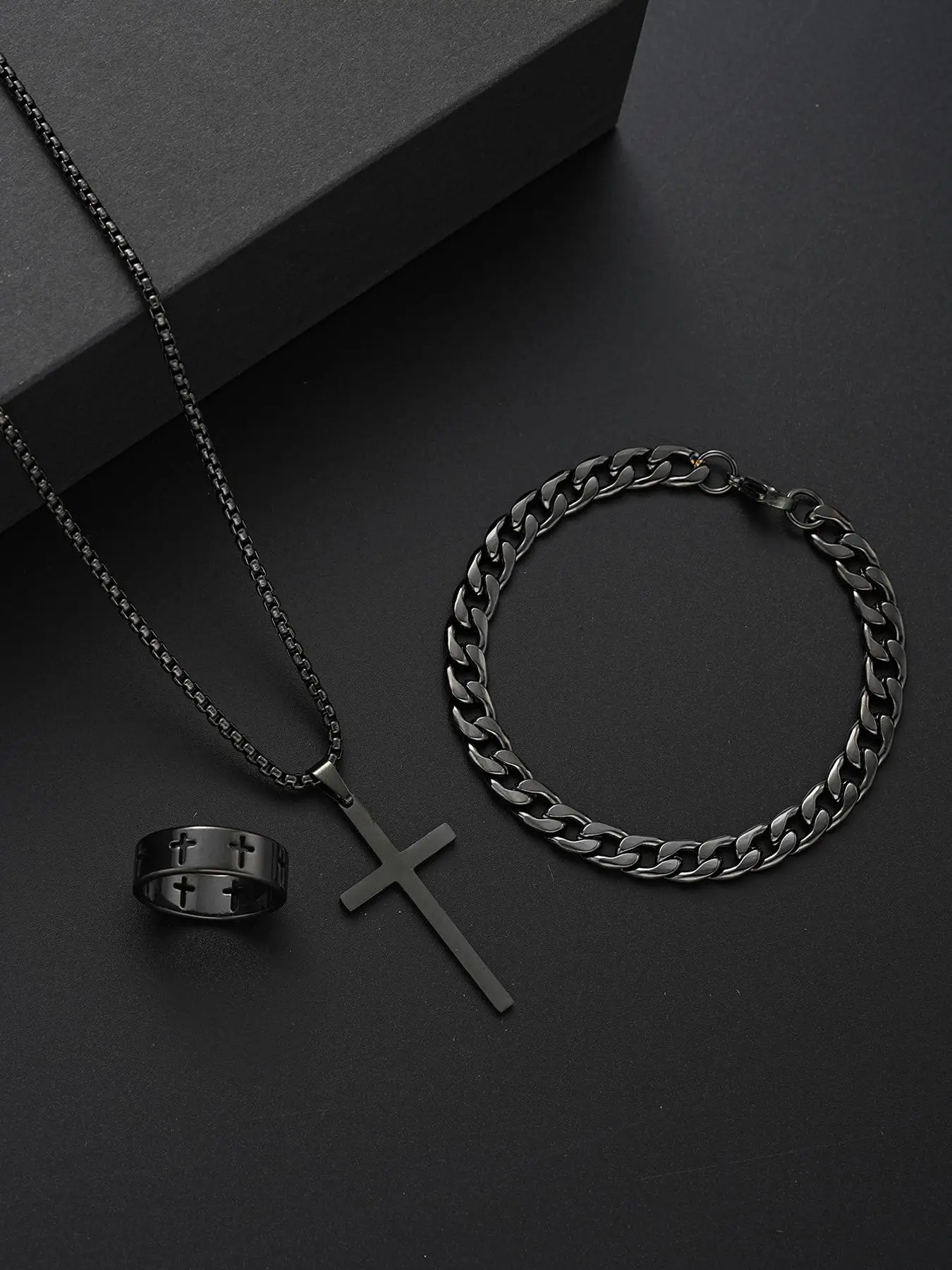 Men's Punk Style Matching Jewelry Set, Cross & Chain Design Pendant Necklace & Bracelet & Ring Back To School, Jewelry Men Accessories for Party & Dai