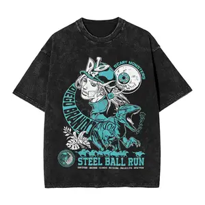 JoJo's Bizarre Adventure Washed Oversized T-Shirt, Diego Brando (Steel Ball Run Scary Monsters) & Jotaro Kujo (Star Platinum) Anime Graphic Print, Unisex Cotton Streetwear Tee Men Women, Grunge Aesthetic Otaku Fan Gift