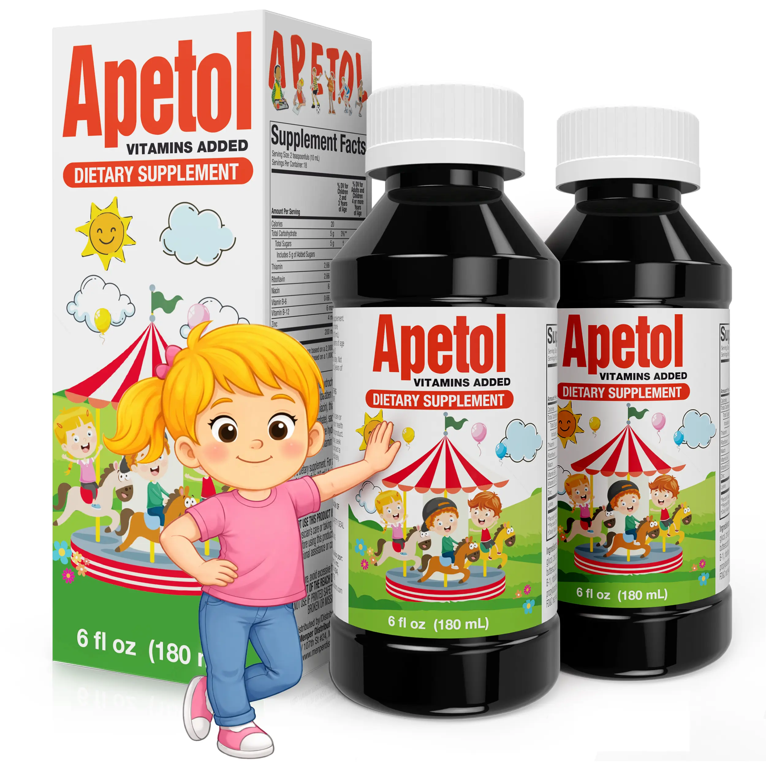 APETOL Edible Zinc-Infused Vitamin Liquid Dietary Supplement - US Healthcare-Backed Brain Supporting Supplement, 2-Pack 6 Fl Oz, Kids' Appetite Booster, Immune Support, Cell Protection, Memory Enhancement
