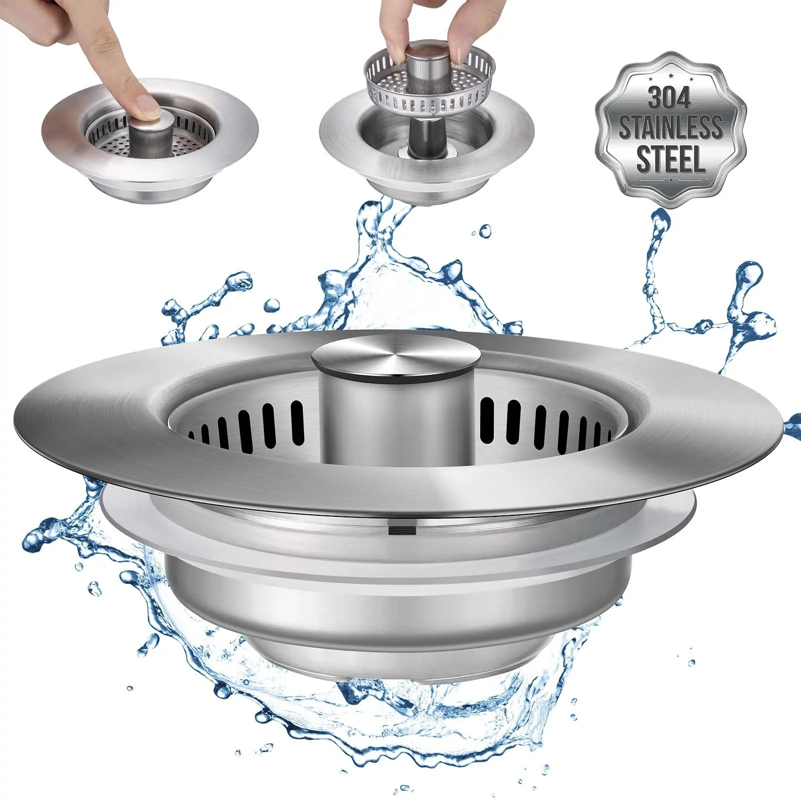 Durable 3-in-1 Stainless Steel Kitchen Sink Drain Strainer Stopper with Filter Basket, 3-1/2 in Standard Drain Hole Fit, Universal Sink Protector Cover, Anti-Clogging Food Catcher Plug