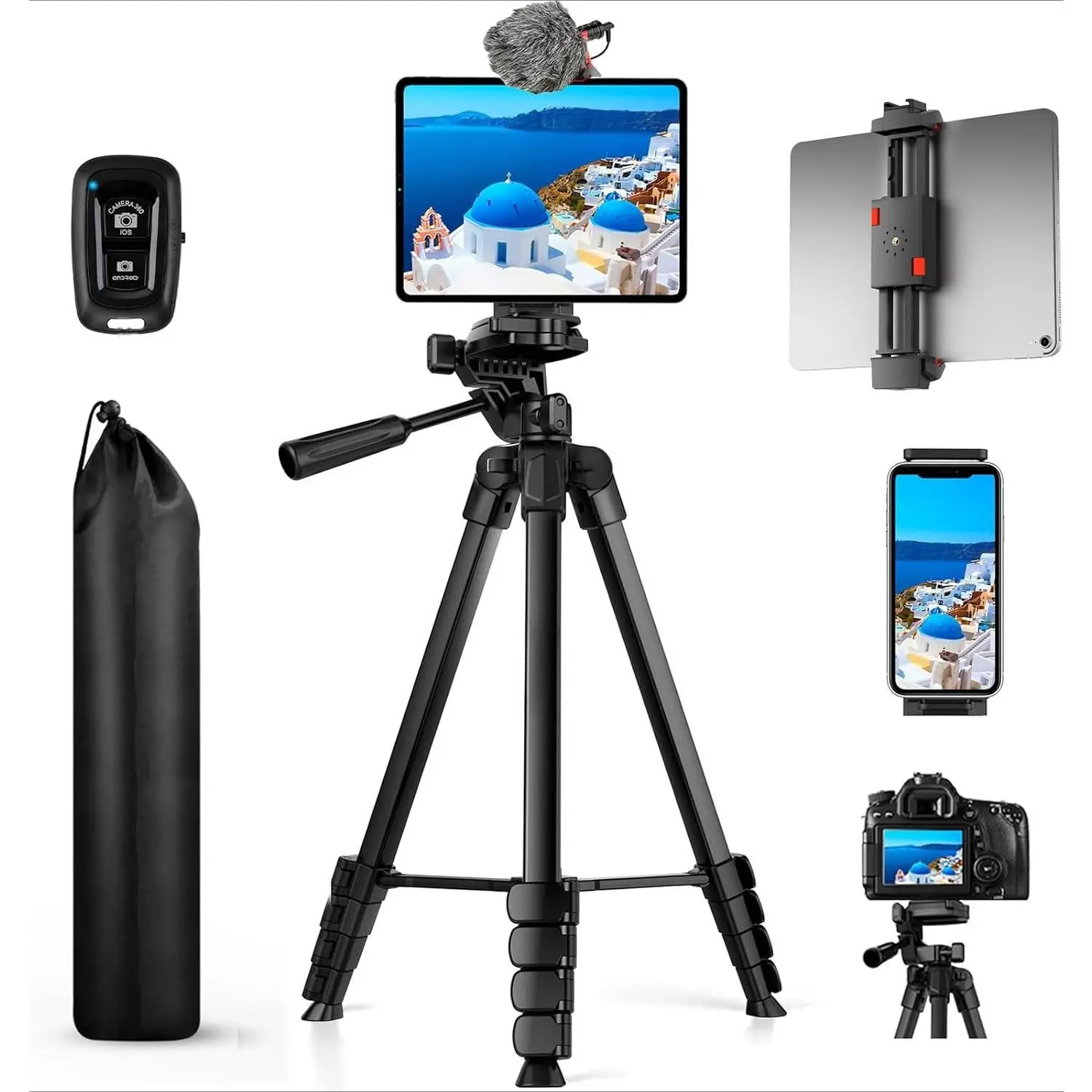 GJ-L-CPS013  iPhone iPad Tripod Stand, 67" Phone Tripod for iPhone iPad Tablet Camera with 2 in1 Holder Remote Carry Bag, Aluminum Extendable iPhone Stand for Video Recording/Selfies/Live Stream/Vlogging