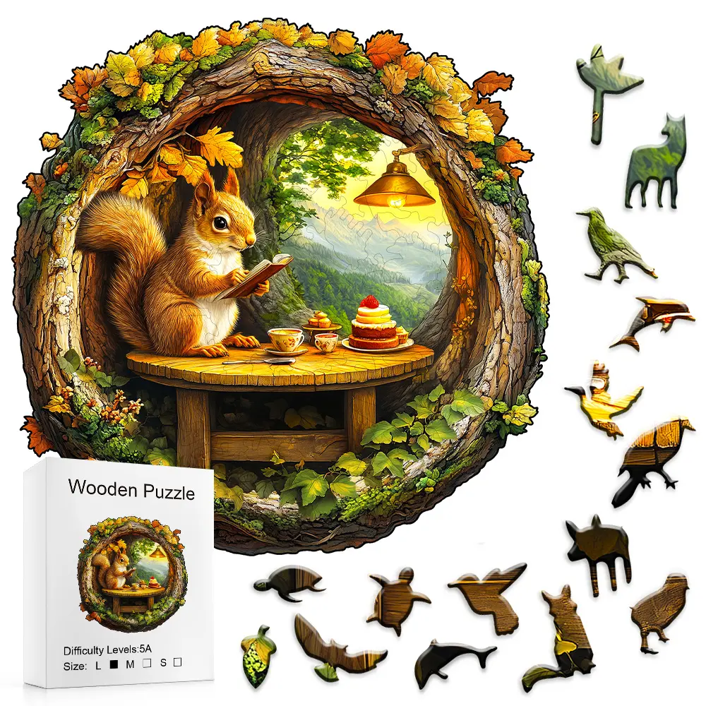 Handmade Difficult-Shaped Wooden Animal Shape Puzzle - Squirrel's Autumn Valley Tea Party Jigsaw, Ideal for Party Games, DIY Gifts for Puzzle Enthusiasts, Wooden Handmade Puzzle