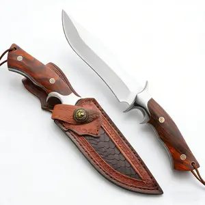 A high-quality restaurant steak knife set featuring a stainless steel blade forged for sharpness, quick cutting action, a wooden handle, and a leather sheath—an ideal gift for men.