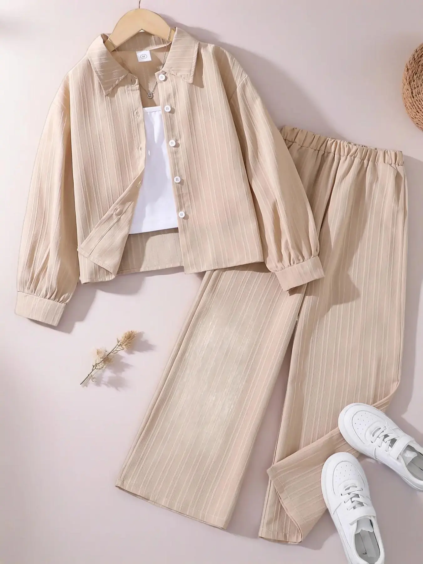 Girls' Casual Button Front Cardigan & Elastic Waist Pants Set, Casual Outfit Set, Casual Fashion Set, Long Sleeve Woven Fabric, Perfect for Spring & Fall Outdoors