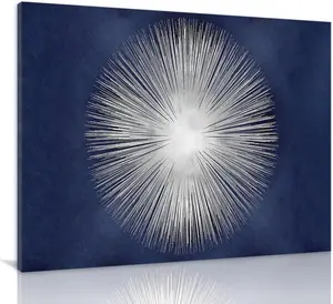 Canvas Print Wall Art Silver Sunburst On Blue Art Paintings for Wall Abstract Picture Artwork Large Wall Decor Modern Home Decoration For Bedroom Living Room Stretched and Framed Canvas Ready to Hang SHJY-01524