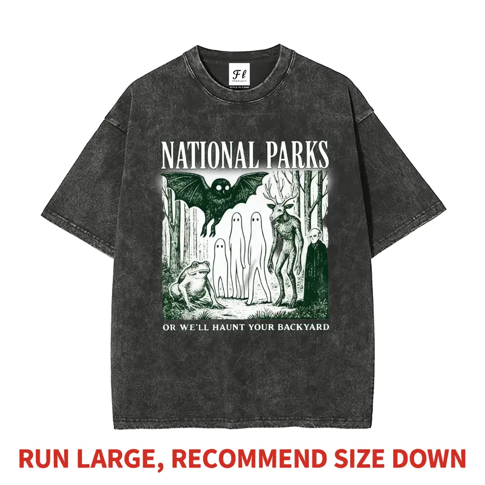 Men's Round Neck Basic Athletic Graphic T-Shirt - Heavyweight Boxy Loose-Fitting Vintage Washed Pure Cotton DTG Printed Goblincore Casual Short-Sleeve Top, Soft Stylish Funny Cryptid National Parks Meme, Retains Shape, 3XL, for Shopping DIY Projects
