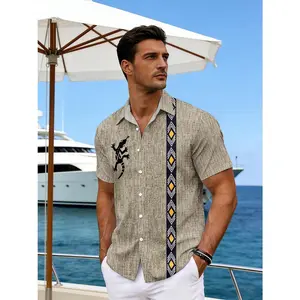2026 New Men's Tribal Style Lizard Print Short Sleeve Shirt -- Fashionable and lightweight, 100% polyester with button-up design, suitable for summer wear and everyday casual outings, available in large sizes