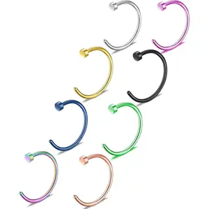 8 count Titanium Nose Rings Set 18K  Plated 18G/20G C-Shaped Cute Half Hoops - 8mm 10mm Nose Rings Hoops for Women & Men,   Nose Ring in   Black Rose  Pink Rainbow Blue Green