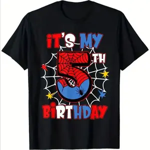 Boys Girls It'S My 5th Birthday Spider Theme Party 5 Years Old T-Shirt Kids Clothes Boys Girls Tops Casual Summer Tee, Short Sleeve T-Shirt, The Best Gift for Boy Girl