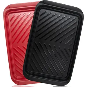 2-Piece Large Melamine Grilling Prep & Serve Trays (17"x10.5"x1.2") - Black & Red BBQ Platters for Raw, Cooked & Meat Food, Cleaning Pack Included