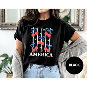 Patriotic Cherry Comfy Tee: USA Bow Design, 250th Anniversary Party T-shirt, comfortable cotton fabric, festive top.