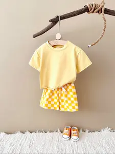 Summer Baby Clothing Set Round Neck Short Sleeve + Plaid Loose Shorts, Casual Style, Two-Piece for Infants