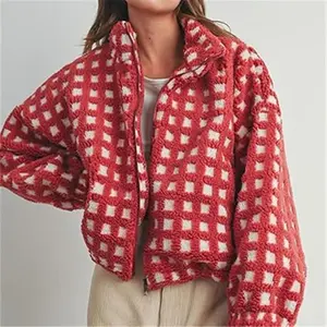 Cute Sherpa Fleece Jacket Fuzzy Zip Up Checkered Cropped Going Out Jacket Teddy Fluffy Casual Y2K Outerwear
