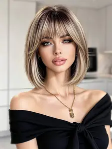 8-Inch Gradient Gold Bob Wig with Bangs, Suitable for Office, Dates, and Daily Styling, All-Season Straight Hair Extension, Synthetic Bob Wig