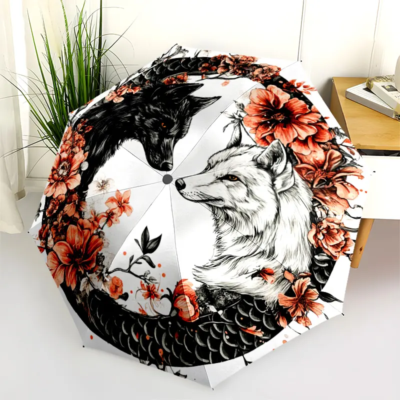 1 PC Automatic Folding Umbrella - Yin Yang Wolves with Flowers Pattern, Portable & Foldable Design with 8 Ribs, Merry Christmas Pattern,Casual Outdoor Accessory Halloween and Christmas Birthday Gifts. D00157