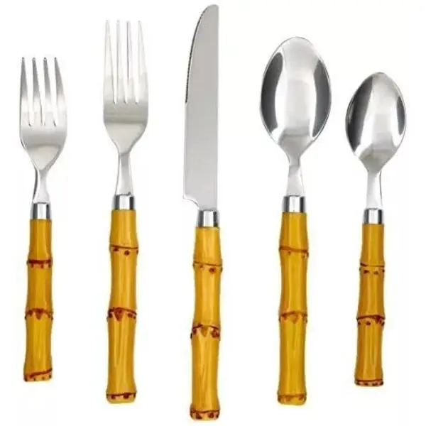 Cambridge 37820DS Silversmiths Bamboo Plastic Cutlery & Tableware Set, Natural Brown - 20-Piece Indoor Stainless Steel-Infused Flatware