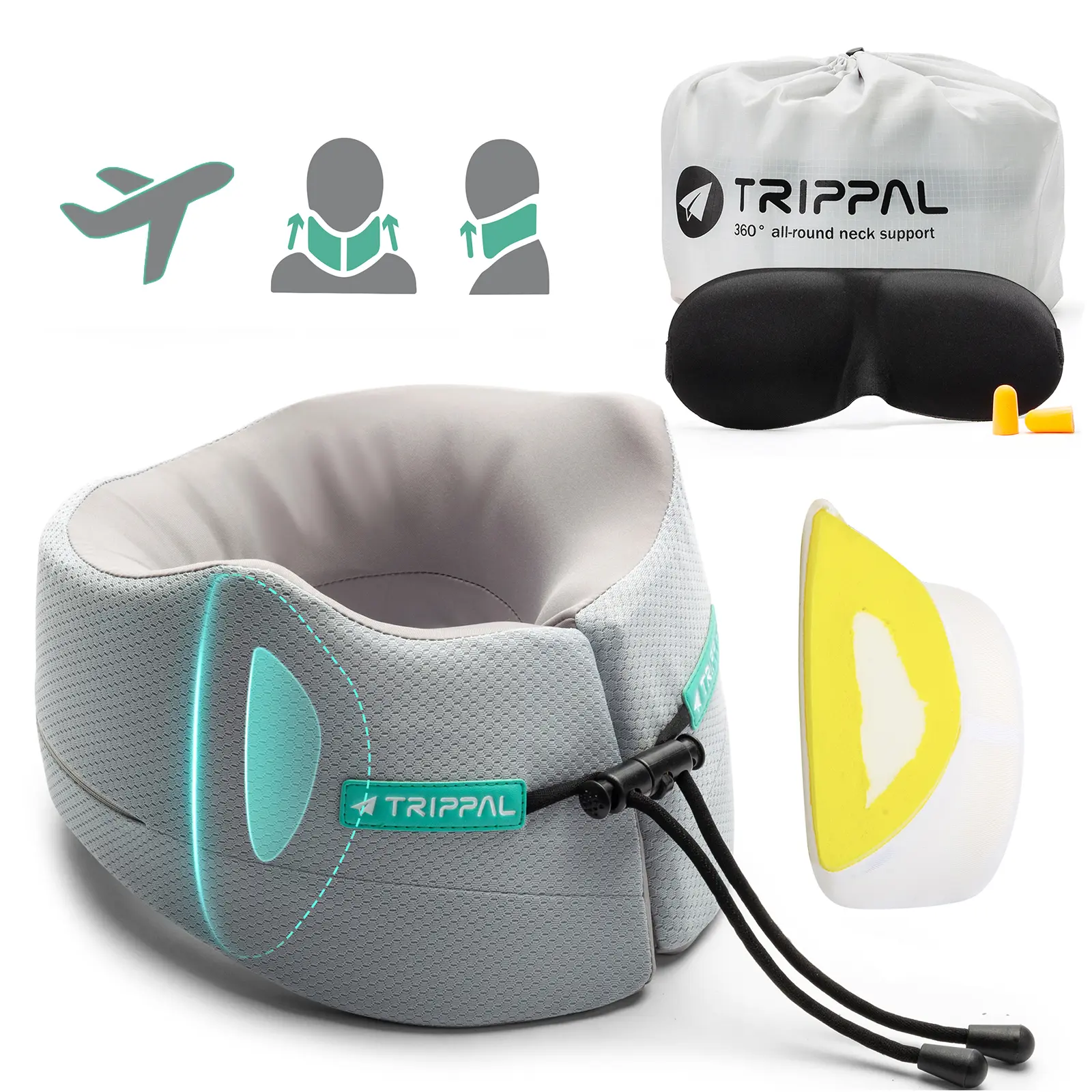 Airplane Sleeping Travel Pillow: 360° Chin & Neck Support with Flat Back for Upright Sleepers on Long-haul Flights - Dual-Density Memory Foam (8lb Non-Collapsing) to Prevent Head Bobbing