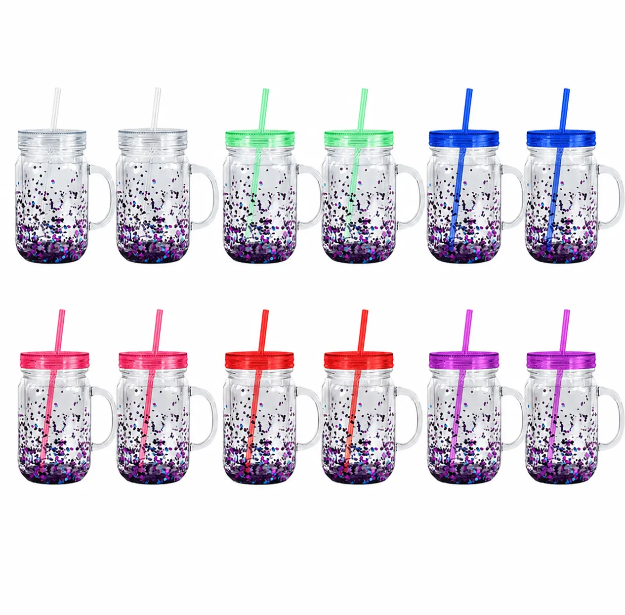 12pcs 20oz Double Wall Plastic Acrylic Snowglobe Mason Jars with Handle, Double Wall Wide Mouth Reusable Plastic Mugs with Lid & Straw, Pre-drilled Hole&plugs, Suitable for DIY Indoor And Outdoor Festival Activities