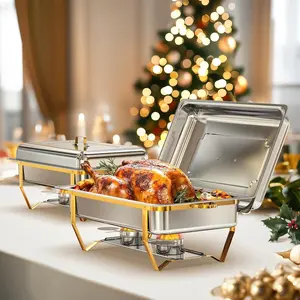 Gold Chafing Dishes for Buffet 9QT 2 Pack/4 Pack, [Easily Assemble] 430 Stainless Steel Chafing Dish Buffet Set w/Foldable Frame, [No Finger Cut] Chafer for Catering