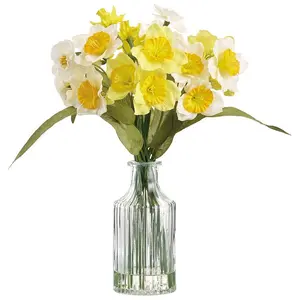 11 Inch Daffodil/Narcissus in Glass Vase Yellow White