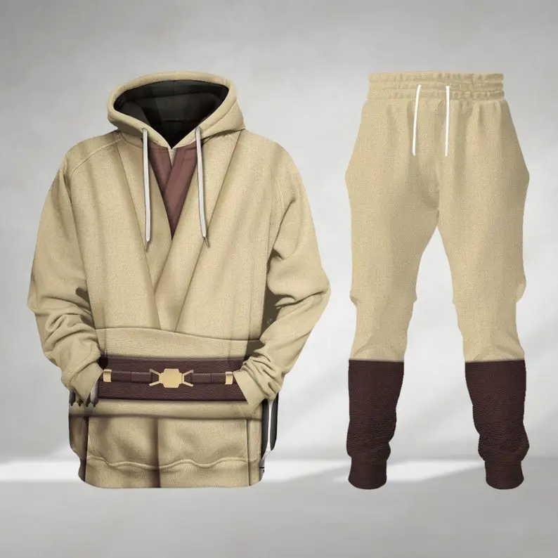 Galactic Jedi Master Hoodie and Jogger Set, Beige Brown Space Warrior Inspired Pullover Sweatshirt with Matching Jogger Pants, Sci-Fi Knight Cosplay Outfit, Interstellar Adventure Fan Gift