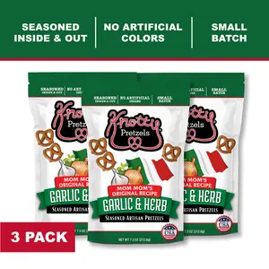 Knotty Pretzels Garlic & Herb 3PK - “The Official Pretzel of Beer” 7.5 oz Individual Seasoned Pretzels in Resealable Pretzel Snack Bags, The Perfect Pairing for Beer, (3-Pack)