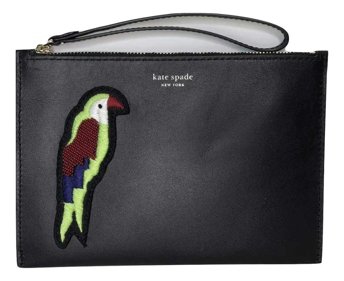 Kate Spade New York Flock Party Parrot Wristlet, Women's Small Beaded Cowhide Leather Clutch with Zipper Top and Tropical Flair, Casual Wear, Cow Hide, Beaded Flock Party Parrot, Beads, Carry Strap, Gold Foil Signature Logo, Do Not Wash, Playful Women's C