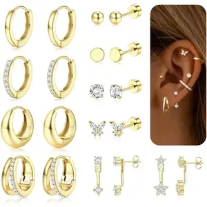 CASSIECA Women's Hypoallergenic 20G Surgical Steel Flat Back Earrings Set, Gold Plated Hoop Studs with Metal Coating for Female Multiple Piercings (Cartilage, Daith, Conch)