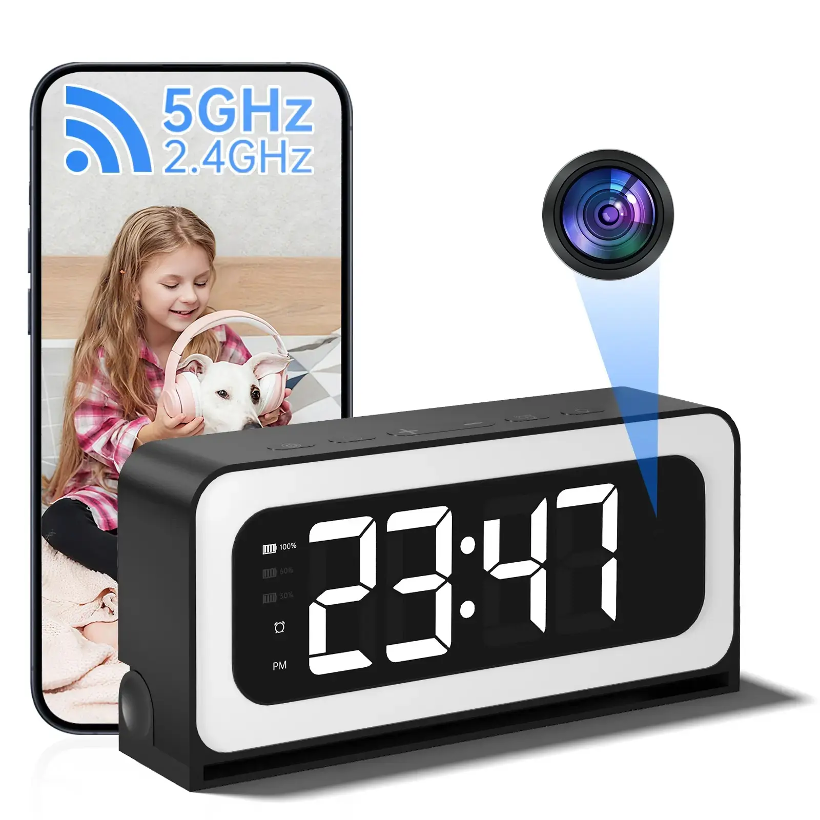 Black 2K Smart Digital Clock Camera, Wireless Smart Home Security Gadget - Full-Color Night Vision, Dual-Band Wi-Fi (2.4GHz & 5GHz), 2-Way Audio, Privacy Mode, Real-Time Monitoring, Cloud Storage, Battery & Micro SD Compatible